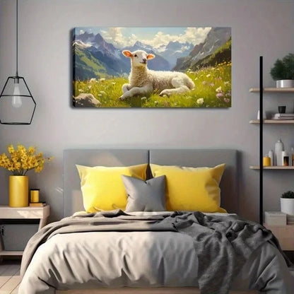 Serene Lamb Wildflower Meadow Wall Art Canvas Office Home Room Framed 120x60cm - Bella Home Decor