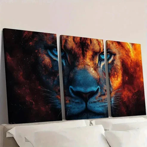 3pcs Lion with Fiery Orange & Blue Hues Wall Art Canvas Unframed - High Quality Print 100% Australian Made Wall Canvas