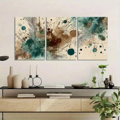 3pcs Brown and Teal Watercolor Splashes Metal Print Ready to Hang Art - Bella Home Decor