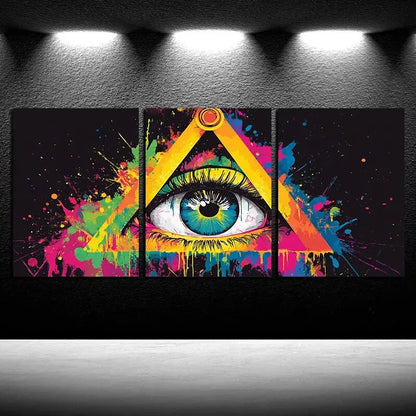 3pcs The Eyes in the Triangle Color Splashes Metal Print Ready to Hang Art - Bella Home Decor
