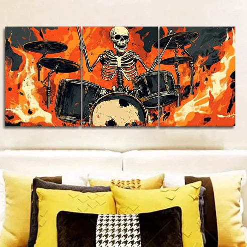 3pcs Skeletons Play Drums Wall Art Set Canvas Unframed - High Quality Print 100% Australian Made Wall Canvas