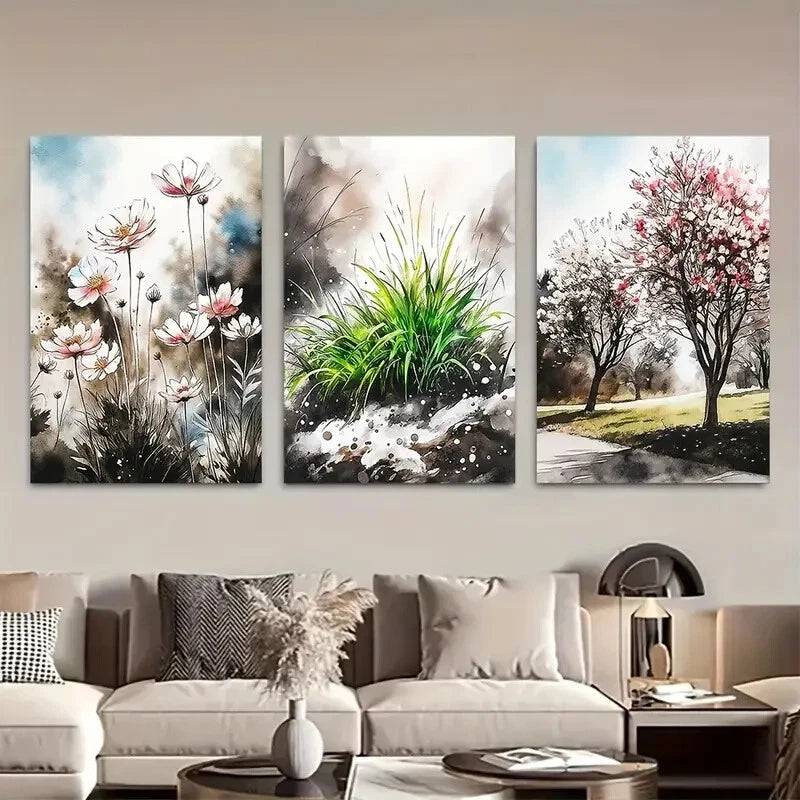 3pcs Soft Tones Floral & Tree Watercolor Design Metal Print Ready to Hang Art - Bella Home Decor
