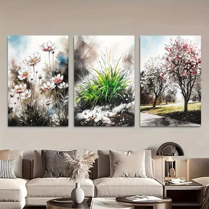 3pcs Soft Tones Floral & Tree Watercolor Design Metal Print Ready to Hang Art - Bella Home Decor