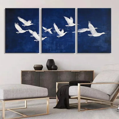 3pcs Elegant White Birds in Flight Blue Metal Print Ready to Hang Art - Bella Home Decor