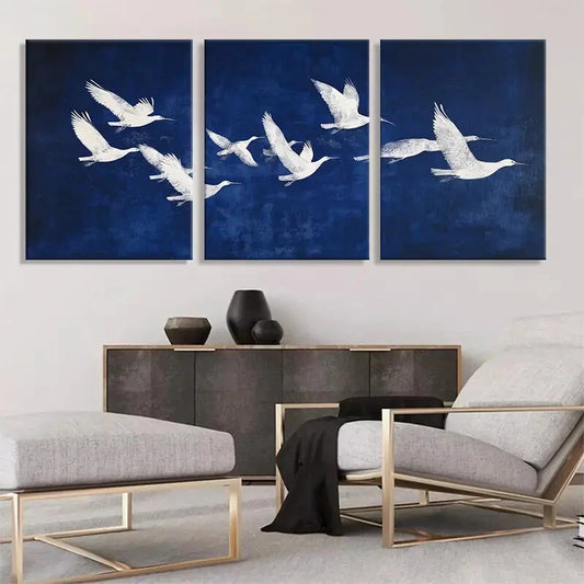 3pcs Elegant White Birds in Flight Blue Metal Print Ready to Hang Art