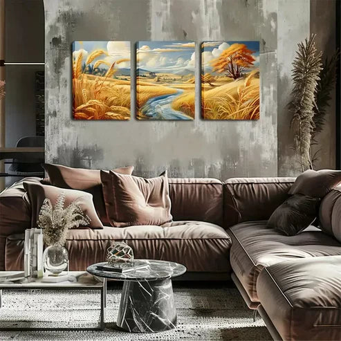 3pcs Vibrant Countryside Stream & Golden Wheat Wall Art Canvas Unframed - High Quality Print 100% Australian Made Wall Canvas