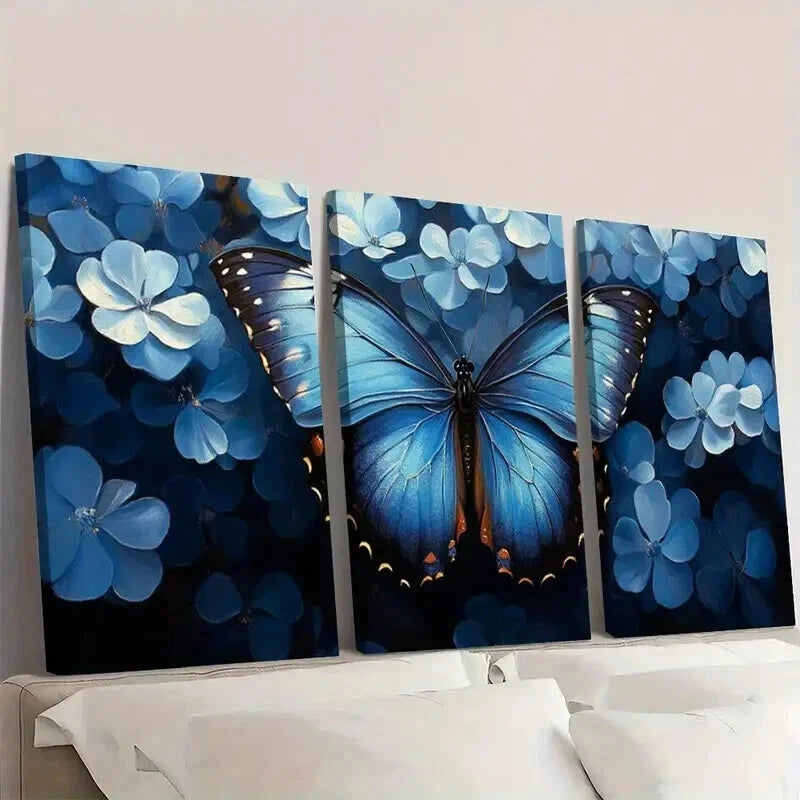 3pcs Vibrant Blue Floral And Butterfly Design Wall Art Set Canvas Framed 50x70cm - High Quality Print 100% Australian Made Wall Canvas Ready to Hang - Bella Home Decor
