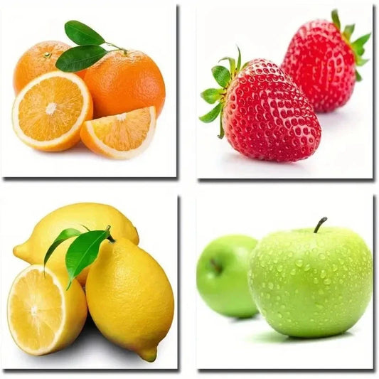 4pcs Orange, Lemon, Strawberry Fruits Design Wall Art Canvas Framed