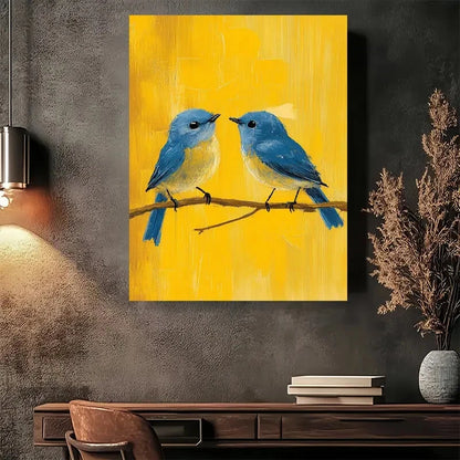 Blue Birds on Yellow Background Painting 40x60cm Metal Print Ready to Hang - Bella Home Decor