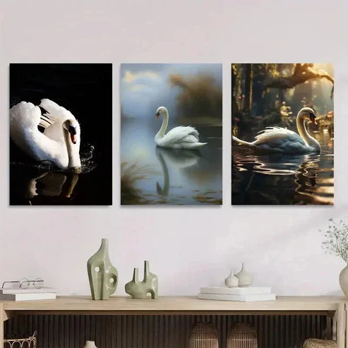 3pcs Elegant White Swans in Serene Water Scenes Wall Art Set Canvas Unframed - High Quality Print 100% Australian Made Wall Canvas