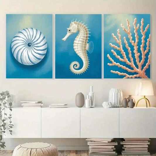 3pcs Seashell, Seahorse, Coral Wall Art Set Canvas Framed 40x60cm - High Quality Print 100% Australian Made Wall Canvas Ready to Hang