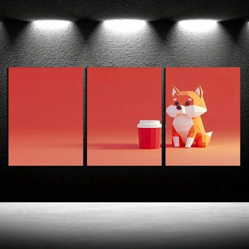 3pcs Modern Geometric Dog & Cup Illustration Metal Print Ready to Hang Art - Bella Home Decor