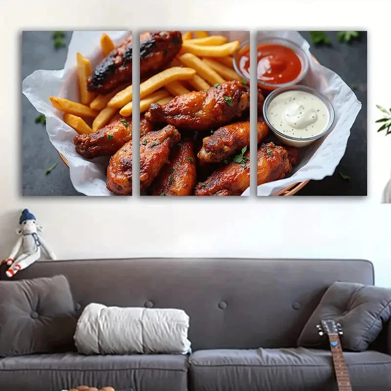 3pcs Crispy Chicken Wings With Fries & Sauces Wall Art Set Canvas Framed 40x60cm - High Quality Print 100% Australian Made Wall Canvas Ready to Hang - Bella Home Decor