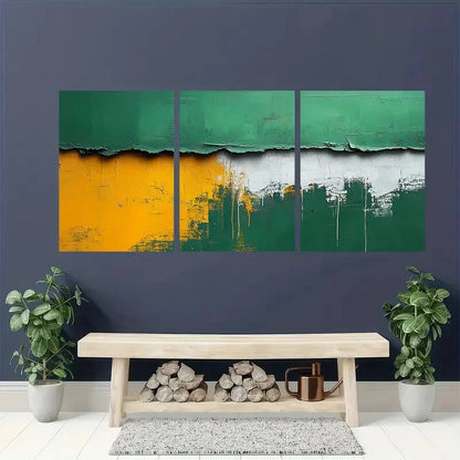 3pcs Green & White Abstract Minimalist Textured Metal Print Ready to Hang Art - Bella Home Decor