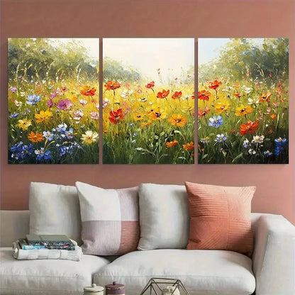 3pcs Floral Meadow Sunlit Wildflowers Field Design Metal Print Ready to Hang Art - Bella Home Decor
