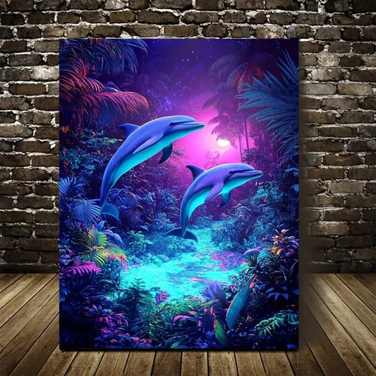 Vibrant Neon Dolphin Scene in Lush Jungle 40x60cm Metal Print Ready to Hang - Bella Home Decor