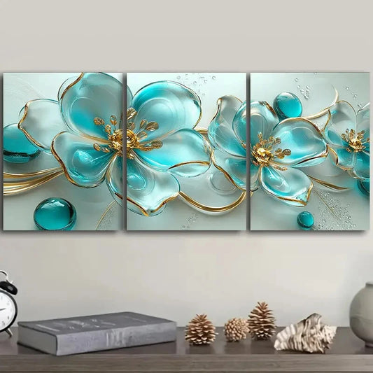 3pcs Turquoise glass flowers Metal Print Ready to Hang Art