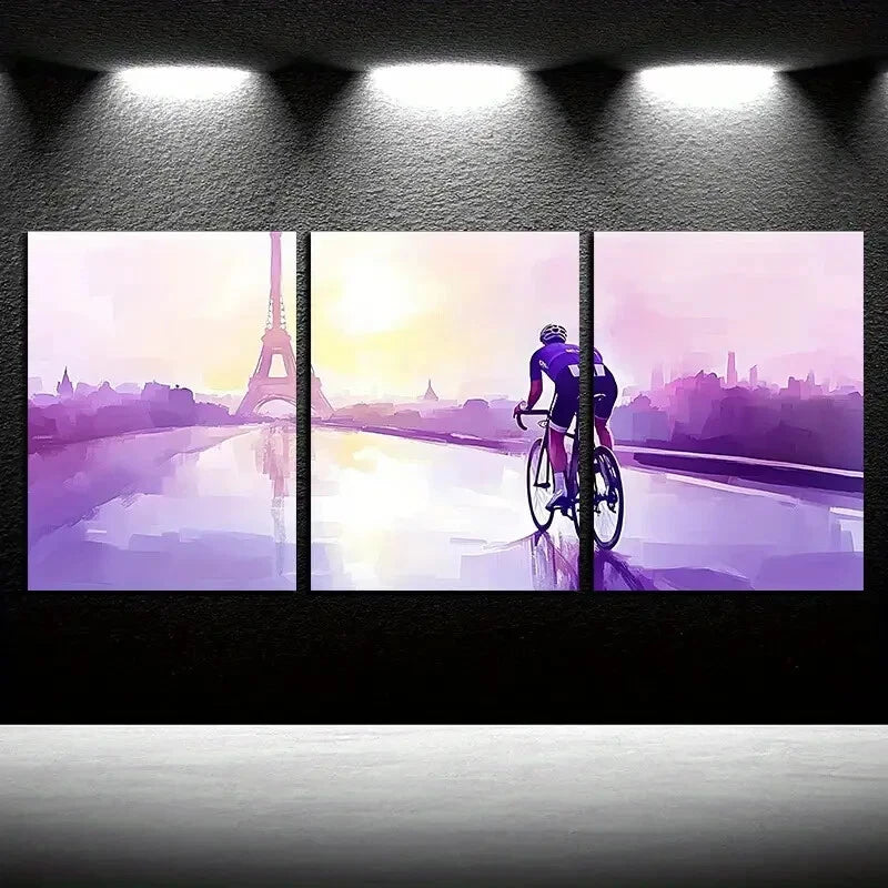 3pcs Cyclist and Eiffel Tower Modern Landscape Metal Print Ready to Hang Art - Bella Home Decor