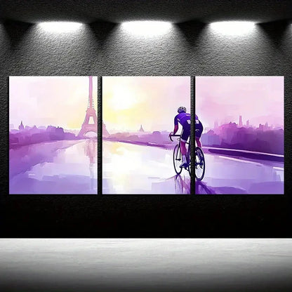 3pcs Cyclist and Eiffel Tower Modern Landscape Metal Print Ready to Hang Art - Bella Home Decor