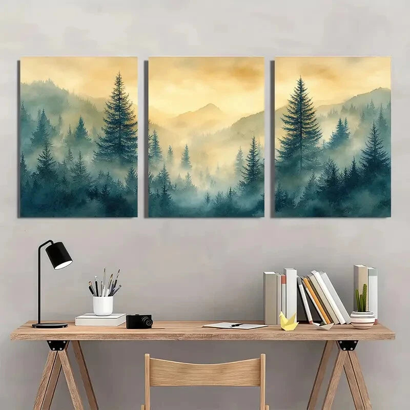 3pcs Serene Forest Landscape with Misty Mountains Metal Print Ready to Hang Art - Bella Home Decor