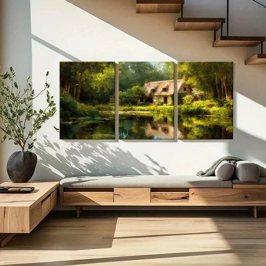 3pcs Thatched Roof Lush Greenery Serene Lake Metal Print Ready to Hang Art