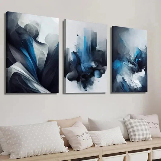 3pcs Modern Minimalist Blue and Gray Abstract Wall Art Set Canvas Framed 50x70cm - High Quality Print 100% Australian Made Wall Canvas Ready to Hang