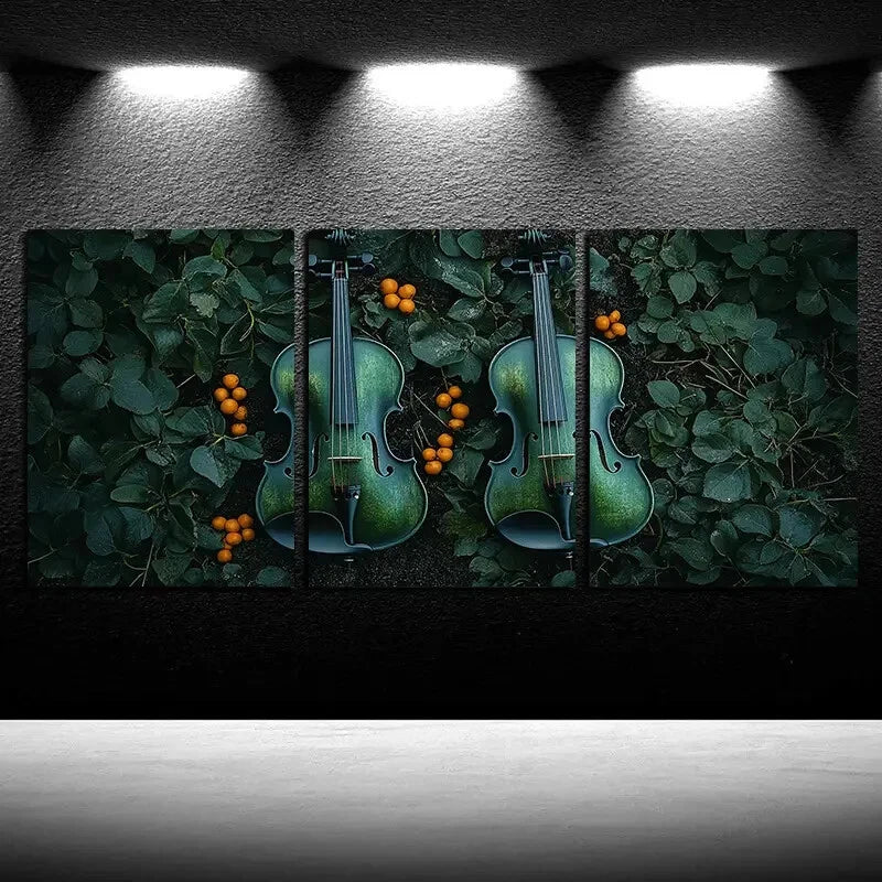 3pcs Green Violin with Greenery Design Metal Print Ready to Hang Art - Bella Home Decor