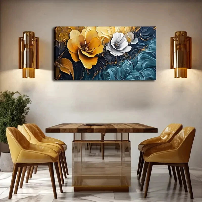 Flowers And Deep Blue Interior Wall Art Canvas Office Home Room Framed 120x60cm - Bella Home Decor