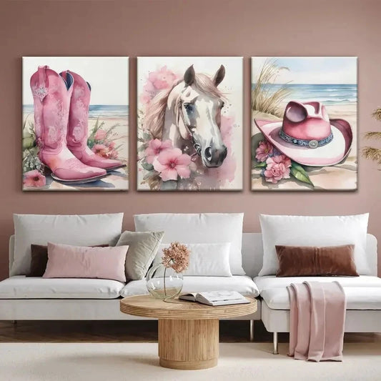 3pcs Coastal Cowboy Canvas Wall Art Western Girl Metal Print Ready to Hang Art