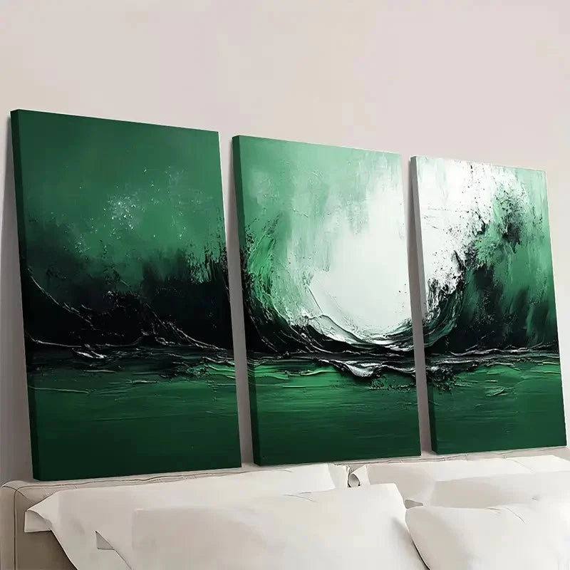 3pcs Green & White Textured GS Wall Art Set Canvas Framed 60x90cm - High Quality Print 100% Australian Made Wall Canvas Ready to Hang