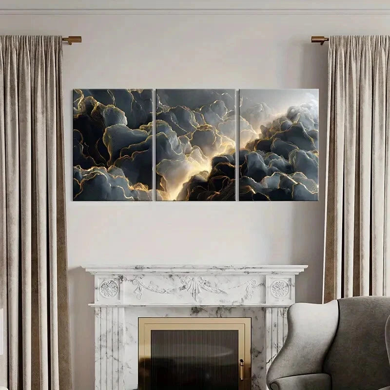 3pcs Abstract Cloudscape Art Golden Lines Metal Print Ready to Hang Art - Bella Home Decor