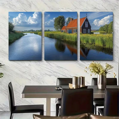 3pcs Iconic Mill Scenery with Red Roof Metal Print Ready to Hang Art