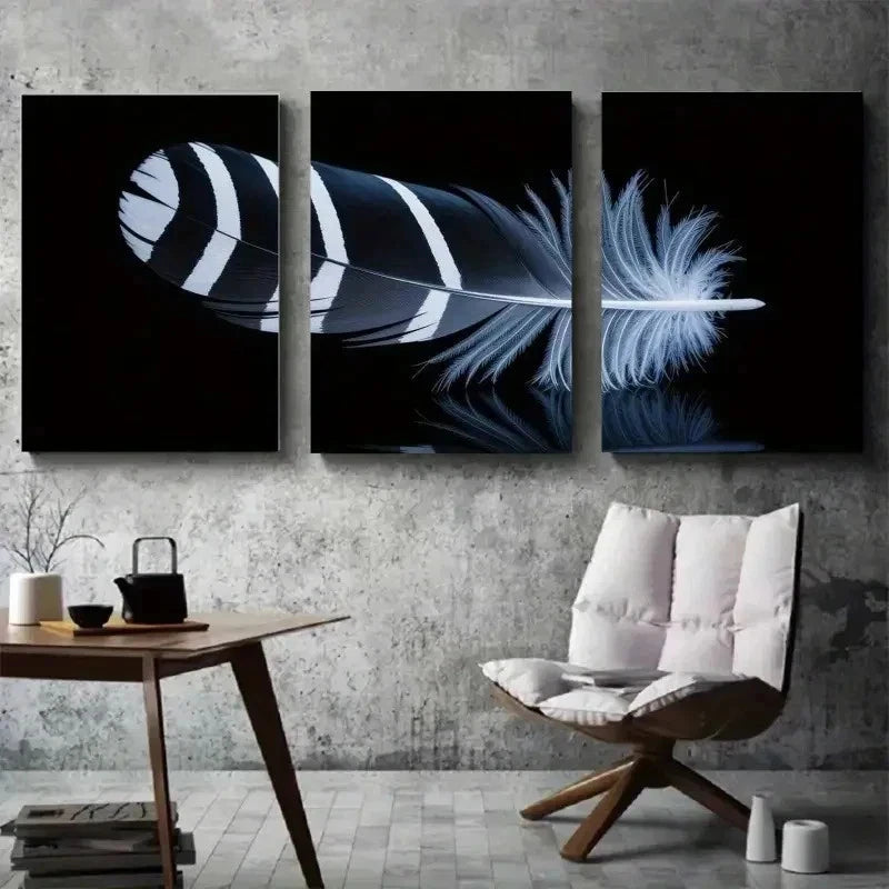 3pcs Black & White Feather Design   Wall Art Set Canvas Framed 50x70cm - High Quality Print 100% Australian Made Wall Canvas Ready to Hang - Bella Home Decor