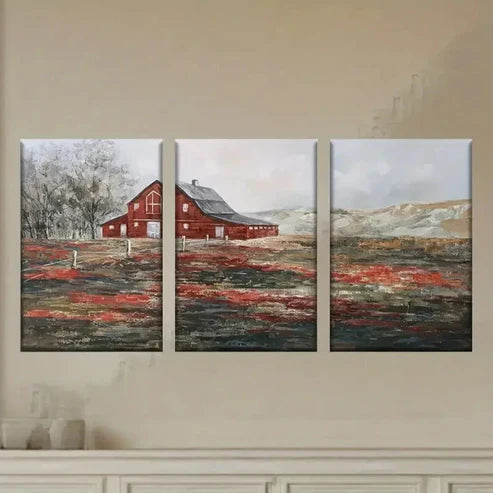 3pcs Red Barn in Field Wall Art Set Canvas Unframed - High Quality Print 100% Australian Made Wall Canvas