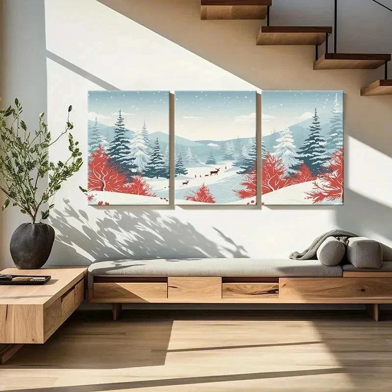 3pcs Snow Scene with Elk Modern Decor Wall Art Set Canvas Framed 60x90cm - High Quality Print 100% Australian Made Wall Canvas Ready to Hang