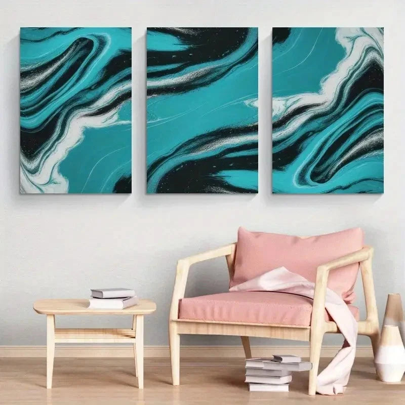 3pcs Blue Splash Abstract Waves Painting Metal Print Ready to Hang Art - Bella Home Decor