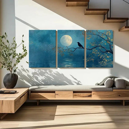 3pcs Moonlit Night Serene Landscape Autumn Leaves Metal Print Ready to Hang Art - Bella Home Decor