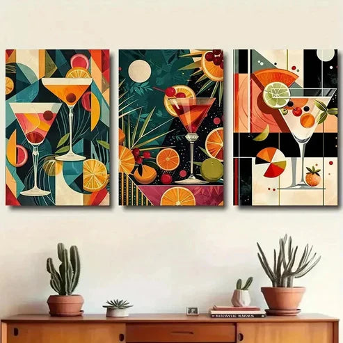 3pcs Vibrant Martini & Citrus Fruit Prints Art Set Canvas Unframed - High Quality Print 100% Australian Made Wall Canvas