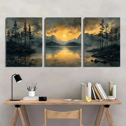 3pcs Panoramic Nature Sketch Black Poster Metal Print Ready to Hang Art