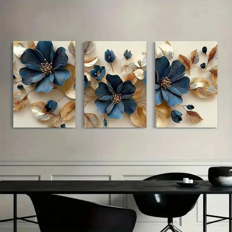 3pcs Dark Blue Flowers with Golden Leaves Metal Print Ready to Hang Art - Bella Home Decor