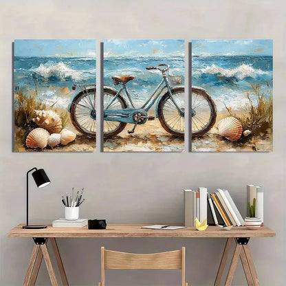 3pcs Ocean Coastal Scene with Seashells Bicycle Wall Art Set Canvas Framed 50x70cm - High Quality Print 100% Australian Made Wall Canvas Ready to Hang