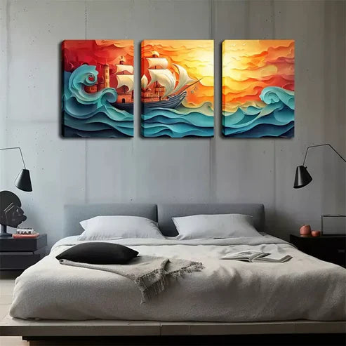 3pcs Decorations, Waves And Sailboats Wall Art Canvas Unframed - High Quality Print 100% Australian Made Wall Canvas - Bella Home Decor
