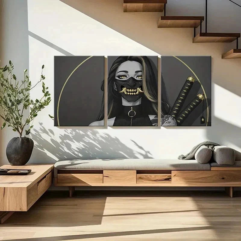 3pcs Woman In Mask and Katana Modern Wall Art Set Canvas Framed 40x60cm - High Quality Print 100% Australian Made Wall Canvas Ready to Hang