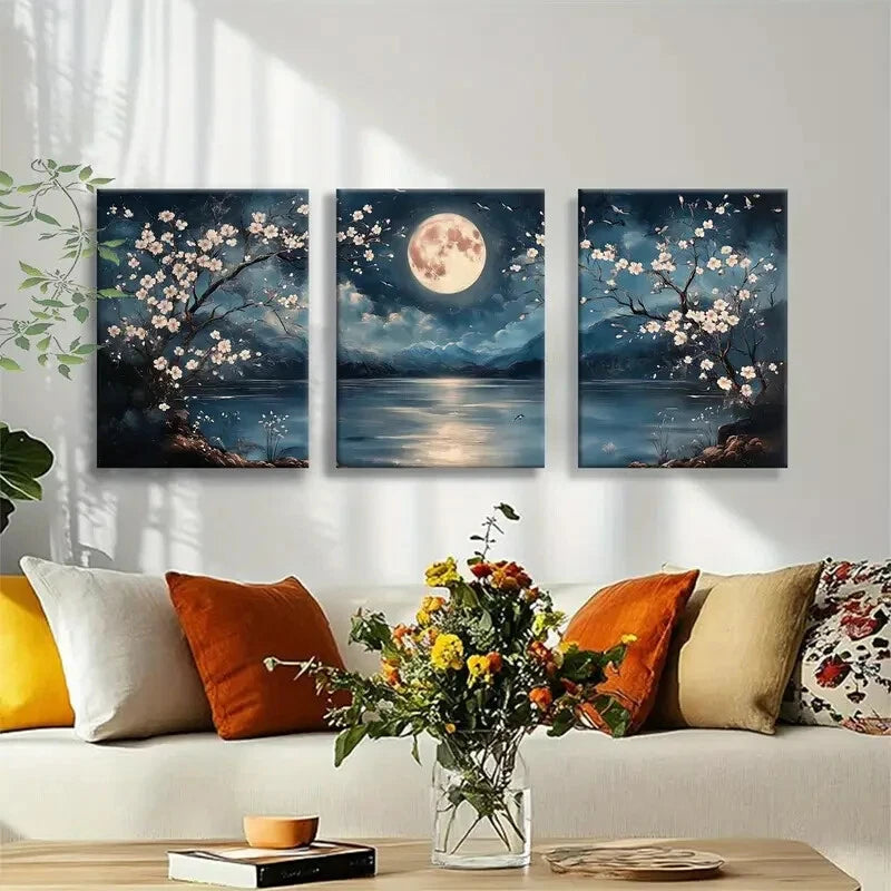3pcs Serene Night Landscape with Full Moon Metal Print Ready to Hang Art - Bella Home Decor