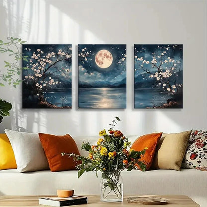 3pcs Serene Night Landscape with Full Moon Metal Print Ready to Hang Art - Bella Home Decor