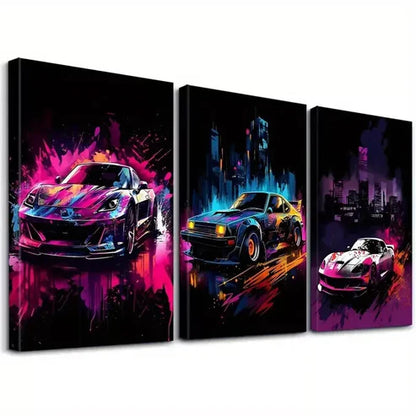 3pcs Neon Decorative Graffiti Style Sports cars  Art Set Canvas Unframed - High Quality Print 100% Australian Made Wall Canvas