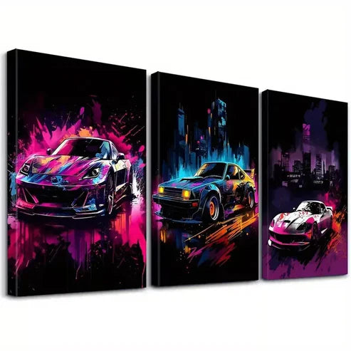 3pcs Neon Decorative Graffiti Style Sports cars Art Set Canvas Unframed - High Quality Print 100% Australian Made Wall Canvas