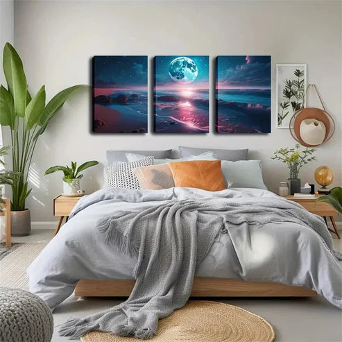 3pcs Bright Big Moon, Beach Wall Art Set Wall Art Canvas Unframed - High Quality Print 100% Australian Made Wall Canvas - Bella Home Decor