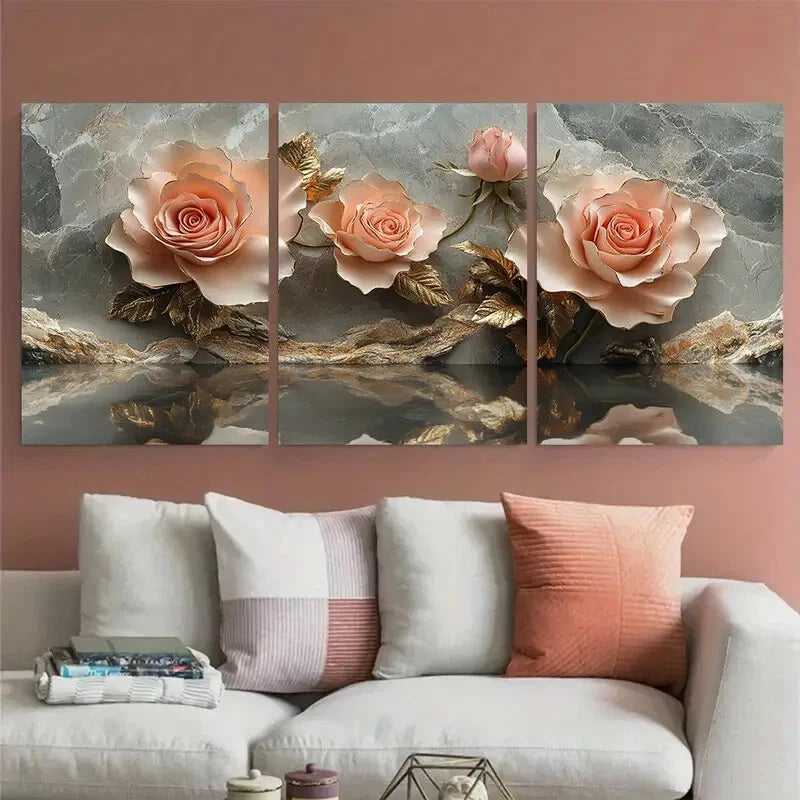 3pcs Pink Golden Roses Reflecting on Grey Marble Metal Print Ready to Hang Art - Bella Home Decor