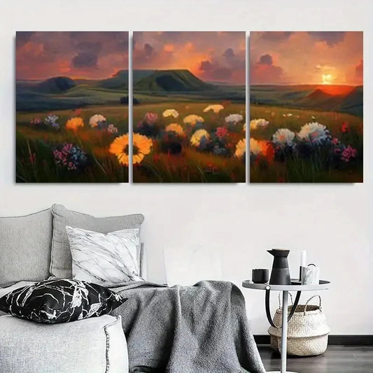 3pcs Sunset Wildflower Meadow Wall Art Set Canvas Framed 40x60cm - High Quality Print 100% Australian Made Wall Canvas Ready to Hang